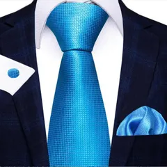 青の光沢ネクタイとカフス　チーフ　セット　結婚式　発表会　七五三祝い 入学式　入社式　パーティー イベント 卒業式　ダンスパーティー　無地　格子柄　ライトブルー色　水色　ワイシャツ スーツ 格安 小物　メンズネクタイ　ポケットチーフ　カフスボタン　3点セット