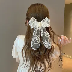 2color*リボンレースヘアゴム 大ぶり ブラック ホワイト 大きいリボン レースリボン ブラック ホワイト