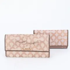 コーチ オプアート キャンバス レザー 長財布 二つ折り 三つ折り コンパクト ウォレット ピンク レディース MMM CL86-27【中古】