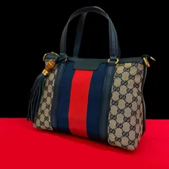 極 美品 GUCCI グッチ シェリーライン GG ロゴ 柄 キャンバス レザー 本革 タッセル ハンドバッグ ミニ ボストンバッグ ネイビー 03971
