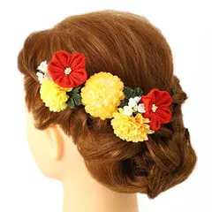 髪飾り 成人式 つまみ細工 赤 振袖 前撮り 袴 浴衣 夏祭り 花火大会 豪華3点セット 黄色 橙色 白 ちりめん ヘアアクセ かんざ No.9-3700