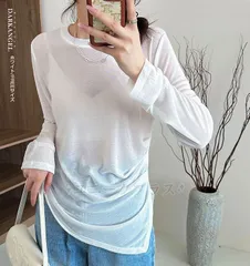 トップス シアー ロンT レディース リブ レイヤード シースルー 袖クシュ tシャツ  長袖 重ね着 シアートップス Uネック インナー 白 無地 ブルー 大人気 体型カバー【 ウエストカバーシアーロンT 】 dianxu01