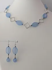 【ブルー一連デザインネックレスピアスセット】ハンドメイド