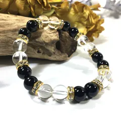 水晶&オニキス　パワーストーン ブレスレット 天然石ブレスレット (ゴールド) 8mm レディース  ●