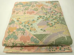 バイセル 着物 名品 袋帯 薄緑 萬葉 水辺風景 橋 蛇篭 樹木 六通 正絹 ☆☆☆☆ 逸品 十日町友禅滝泰 おぼろ染絞り 相良刺繍 銀通し 幻想的な花