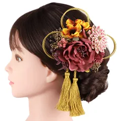 髪飾り 成人式 水引 つまみ細工 振袖 前撮り 袴 花 赤紫 ピンク 黄色 ゴールド ちりめん 剣つまみ カスミソウ 房 大きい 和装 No.12-0998