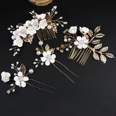 新品　ヘアピン　ヘアアクセサリー　４点　セット　花　リーフ　フラワー　ホワイト　ヘッドドレス　結婚式　パール　可愛い　アクセサリー　お呼ばれ　パーティー　コーム　白　お祭り　浴衣　着物　セット　可愛い　綺麗　アレンジ　ヘア