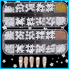 【早発】ネイル パーツ 花 3 立体 フラワー ブリオン 半円パール 大きめ 白い花 ネイルート ジュエリーパーツ デコパーツ ジェルネイル 手芸 2ケースセット
