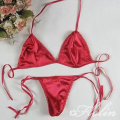 サテンのマイクロビキニ風のブラジャー・ショーツのセット（レッド） BS-8430