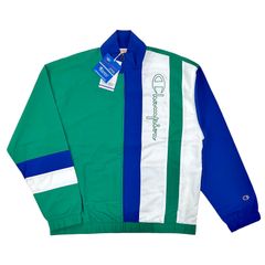 Champion チャンピオン ロゴ刺繍 レトロ スポーツ マルチカラー ライン ストライプ 裏地メッシュ オーバーサイズ ジップアップ ナイロン ジャケット 緑 グリーン 青 ブルー 白 ホワイト 90年代ファッション アメリカ インポートライン