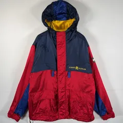 古着 90's/90年代 トミーヒルフィガー TOMMY HILFIGER ナイロンジャケット ワンポイントロゴ フーディー M  レッド マルチカラー メンズ
