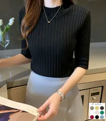 リブニット 半袖 レディース セーター 春夏 高伸縮 ハイネック 着回し ソフト 重ね着 薄手 サマーセーター サマーニット ニットソー カットソー トップス 五分袖 蒸れず 春服 春 夏 秋504