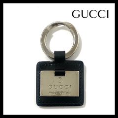 【GUCCI】ロゴプレート キーリング シルバーカラー ブラック/黒 レザー キーホルダー チャーム グッチ (SER-4081)