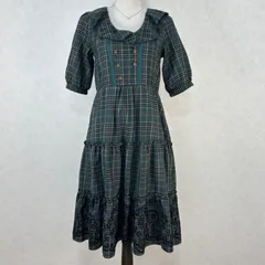 axes femme アクシーズファム フリル襟 クラシカルチェック ティアードワンピース Mサイズ グリーン系 ベロアレースプリント