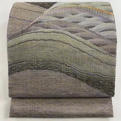 【美品】 袋帯 秀品 波 幾何学 灰紫 お太鼓柄 正絹 【中古】