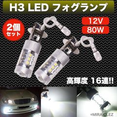 フォグランプ H3 80W 12V LED チップ 16連 16 SMD ホワイト 白 2個セット バルブ 交換 予備品 最新型 フォグ 爆光 高輝度