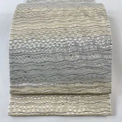 袋帯 名品 草木染 よろけ縞 幾何学模様 箔 灰色 六通 正絹 【中古】