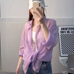 ☆ パープル ☆ Lサイズ ☆ シャツ 透け感 リラックス lysh1901 シャツ 透け感 レディース シースルーシャツ ブラウス カーディガン 薄手 シースルー 長袖 ゆったり 襟付き 羽織り 体型カバー 無地 エレガント リラックス 上品 夏