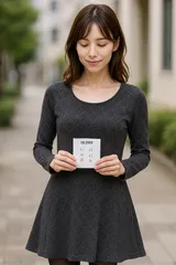 【送料無料】 人気GLISSE 長袖ワンピース　ダークグレー　総柄　Aライン　細身シルエットのサムネイル