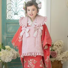 【レッド着物×桃色被布】花刺繍チュールレース着物ワンピース＆ 被布セット  七五三  キャサリンコテージ　TAK