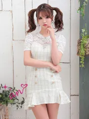 ホワイト【SALE】【an/アン】ツイード/ チェック/ レース/ 半袖/ マーメイド/ ボタン/ ミニドレス/ キャバドレス / ワンピース/ ドレス [AOC-3521] [AOC-3384] S/M