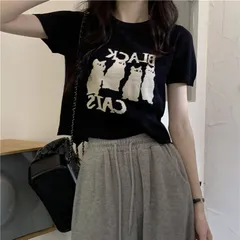 レディース トップス カットソー ニット 半袖 クルーネック スリム 細身 刺繍 ニット かわいい カジュアル おしゃれ ルーズ 猫 夏 S M L XL ブラック オフホワイト