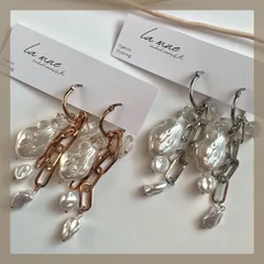 カスタムピアス♡【304ステンレス フープ】ハンドメイドピアス ニュアンスパール メタル チェーン ゴールド シルバー 天然石 クリア カスタムピアス モード クォーツ クリスタル アレルギー対応 【イヤリング変更可能】