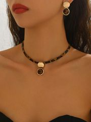 Vintage Bohemian Leopard Print PU Leather Geometric Stripe Acrylic Semi-Circle Pendant Necklace & Earrings Set (2 Pieces), Minimalist Everyday Wear
