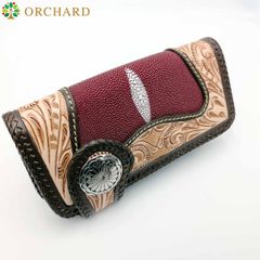 バイカーズウォレット フラワーカービング カウレザー コンチョ 長財布 ダイヤスターマーク メンズ レディース レッド