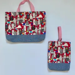 ハンドメイド　くまさん柄レッスンバッグ、シューズ袋2点セット