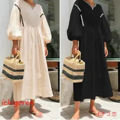 ロングワンピース ワンピース ワンピ レディース 膝下 ロングワンピ 7分袖 パフスリーブ Vネック フレア フリル ギャザー 可愛い 森ガール 体型カバー オシャレ