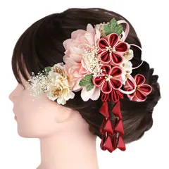 髪飾り 成人式 振袖 3点セット 赤 ピンク 緑 白 つまみ細工 さがり 水引 カスミソウ 和柄 ビーズ コーム Uピン 京あそび 西陣 No.9-5332