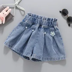☆ Aタイプ ☆ 130CM ☆ デニムショートパンツ キッズ jx02dk02 デニムショートパンツスカート パンツ ショートパンツ 短パン 子供服 こども服 子ども服 子供 女の子 ボトムス プリーツ 花 ポケット付き 通園 通学 お出かけ 外出