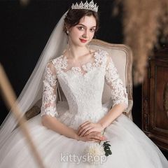 ウェディングドレス 袖あり ホワイトドレス エレガント 結婚式ドレス 7分袖 ロング丈 ロングドレス 白 Aライン 二次会ドレス 披露宴
