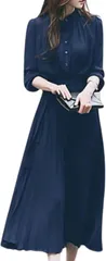 Elixio エリクシオ レディース ワンピース プリーツスカート 長袖 秋服 上品 ロング丈 きれいめ シンプル 大きいサイズ 体型カバー オフィス フォーマル パーティー 秋冬(ネイビー,  L)