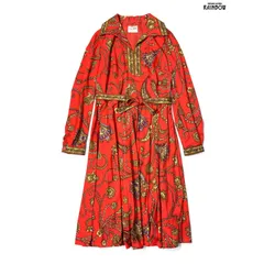 ヴィンテージ レトロ 古着 ベルト付き 総柄 ロング丈 長袖 ワンピース 赤 