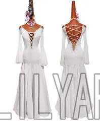 社交ダンスドレス スタンダードドレス 袖フリル ホワイトオーダーメイド発表会