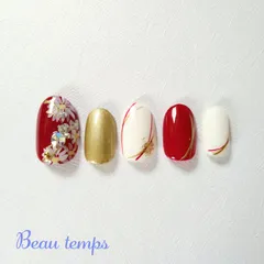 成人式 ネイル 振り袖 赤 白 ホワイト フラワー 卒業式 袴 和柄 和装 結婚式 シンプル 前撮り