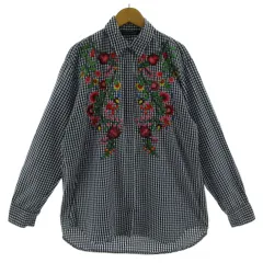 ザラウーマン ZARA WOMAN シャツ 花柄刺繍 長袖 チュニック丈 オーバーサイズシルエット ギンガムチェック ネイビー 紺 ホワイト 白 S