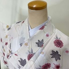 小紋 単衣 洗える着物 裄67.5 身丈165.5 お洒落着 普段着 ポリエステル 白色 美品 L サイズ 3942