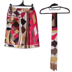 OT1 【美品】自由区　ジユウク　シルク100% 総柄　リボンベルト付きスカート　マルチカラー　レディース　38  タイト　高級　膝丈　オシャレ　秋