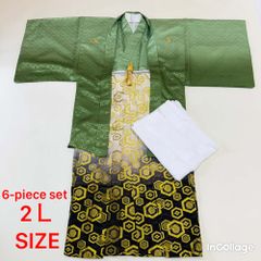 紋付袴 6点セット 着物 羽織 袴 長襦袢 羽織紐 角帯 裄73cm 袴丈91cm 2L 緑 五つ紋 中古 4512