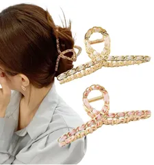 [Herbeluemily] ヘアクリップ ヘアクロー ダッカール バンスクリップ 髪留め ゴールド リボン 2個セット オフホワイト+ピンク [オフホワイト+ピンク]