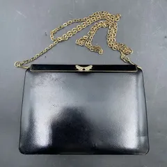 F297 ヴィンテージ レザー クラッチバッグ ショルダーバッグ レディースバッグ ブラック系ゴールド金具 冠婚葬祭 チェーン