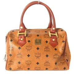 エムシーエム MCM ミニボストン ハンドバッグ モノグラム ロゴ レザー 茶 キャメル 鞄のサムネイル