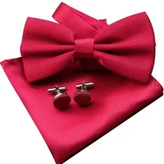 蝶ネクタイ カフス チーフ 3点セット　結婚式　発表会 パーティー イベント ダンスパーティー ビジネス 　ワインレッド色　ユニセックス　ワンタッチ　卒業式　卒園式　入学式　入社式　父の日 格安 メンズネクタイ ポケットチーフ カフスボタン 3点 セット