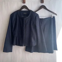 【美品】プールヴー　ツイード　Pour Vous  フォーマル　セットアップ　スカート　XXL  ネイビー　ノーカラージャケット　コットン　レーヨン