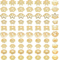 PH PandaHall ビーズ 座金 花座 ビーズキャップ 14Kゴールドメッキ 約100個 花型 10種 透かしキャップ スペーサービーズ ジュエリー メタルパーツ アクセサリー 手芸 クラフト ハンドメイド 手作り素材 材料( ゴールド)