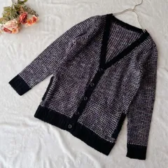 ★ツイード 肉厚 ニットカーディガン【M】上着 前ボタン ヴィンテージ 紫