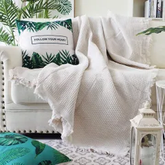マルチカバー ソファーカバー 北欧風 無地 厚手 ブランケット フリンジ付き 綿 ベッドカバー カーペット ラグマット シンプル 簡単着脱 滑り止め おしゃれ テーブルクロス バスマット 水洗い インテリア  (アイボリー/ワッフル, 130*180cm)